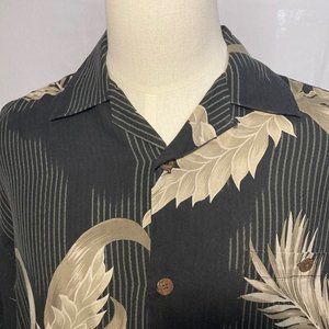 -Bamboo Cay *100% Silk* Black & Gold Floral Hawaiian Button Down Shirt Men Large